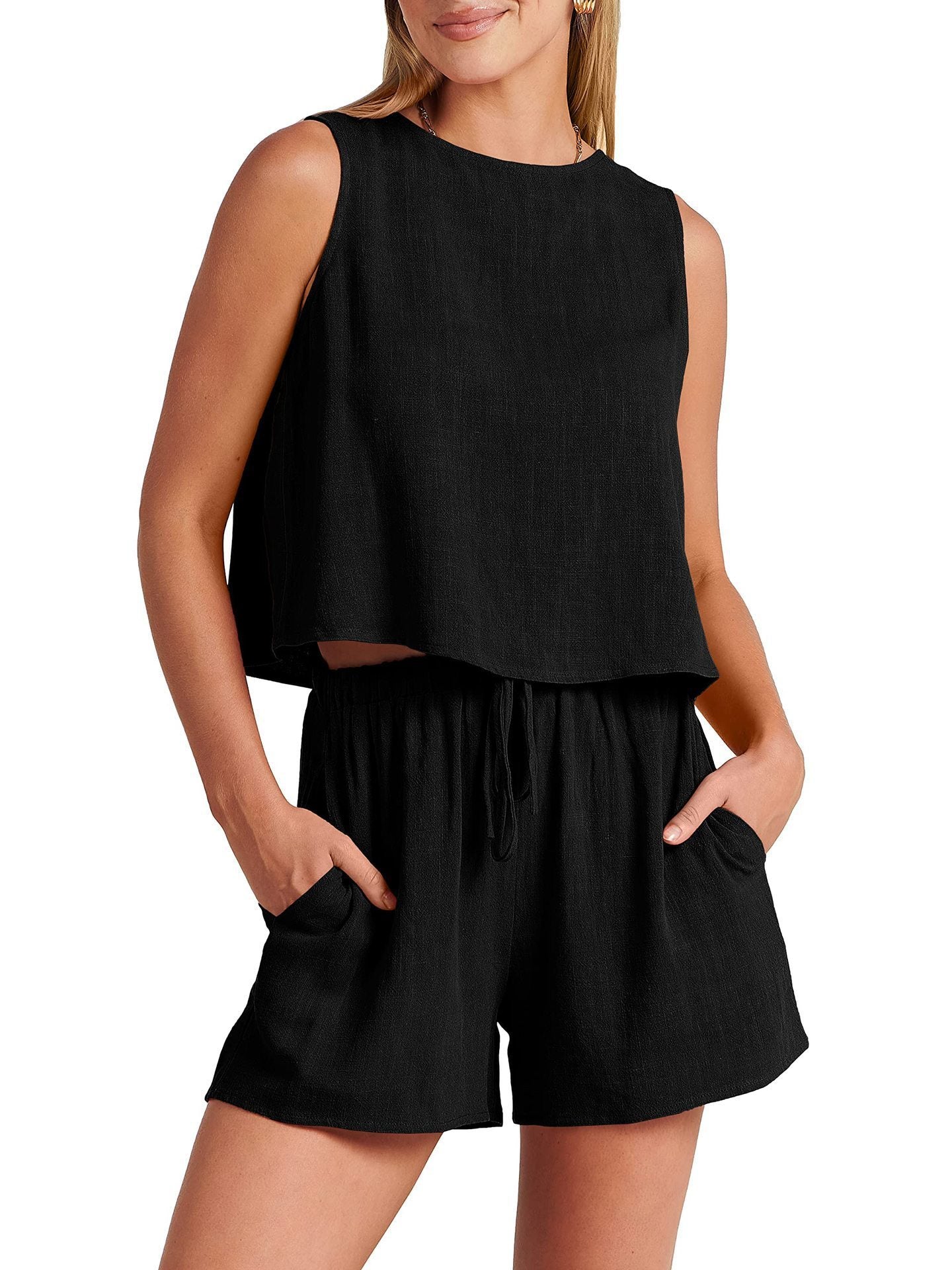 Women's Casual Sleeveless Loose Cotton Linen Shorts Two-piece Suit