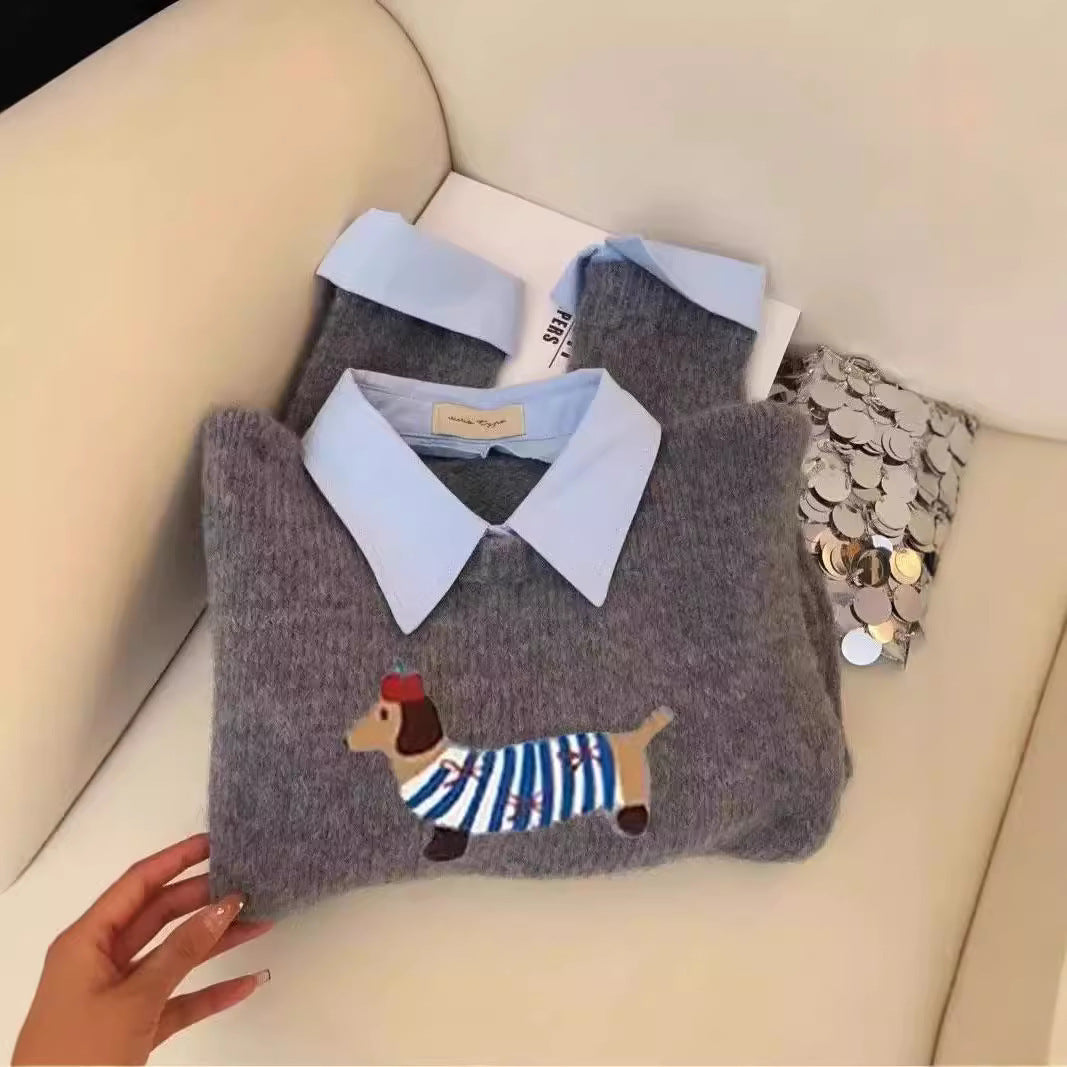 Puppy Cartoon Soft Glutinous Gray Fake Two Pieces Shirts Sweater