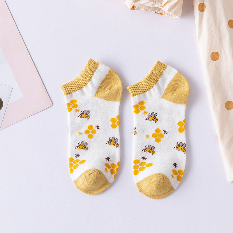 Cartoon Little Bee Boat Socks Pure Female Embroidery Combed Cotton Socks