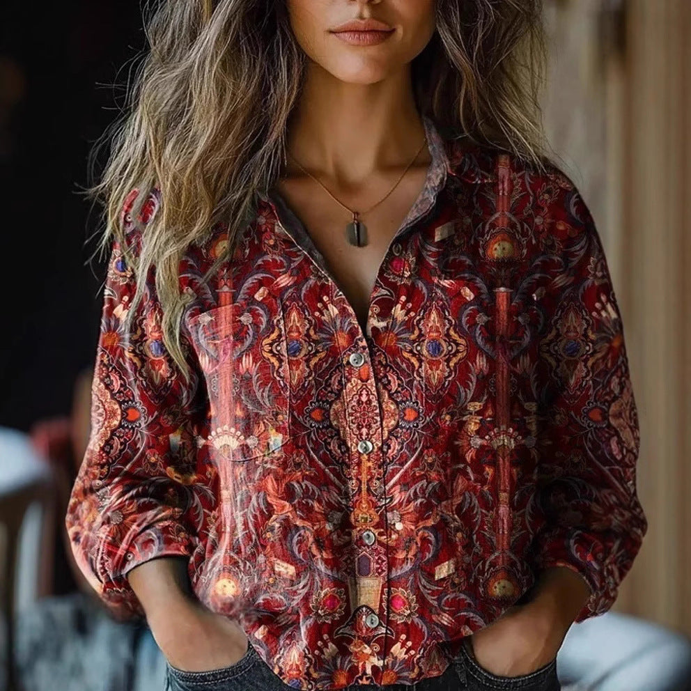 Women's Wear All-matching Printed Casual Lapel Shirt