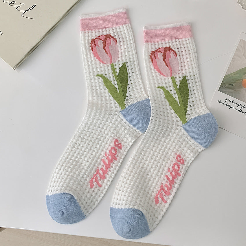 Flower Socks Women's Mid Tube Cute Mesh Stockings