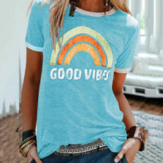 Fashion Rainbow Print Crew Neck Short Sleeve