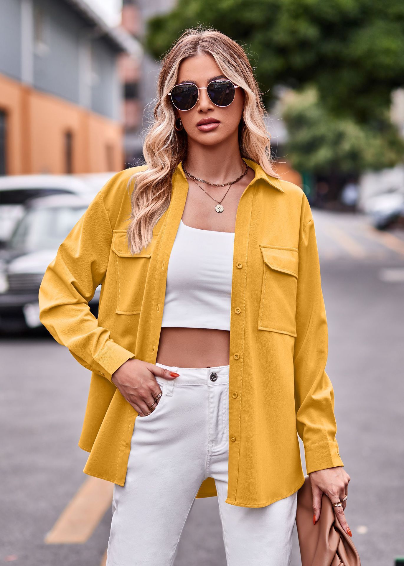 Polo Collar Solid Color Long Sleeve Coat Shirt