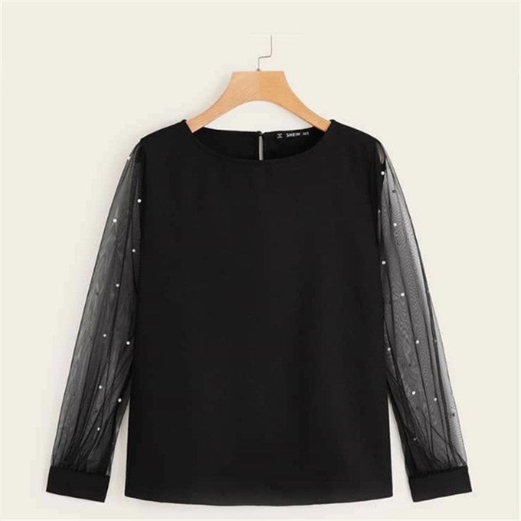 Women's Long Sleeve Beaded Mesh Patchwork Top Shirt