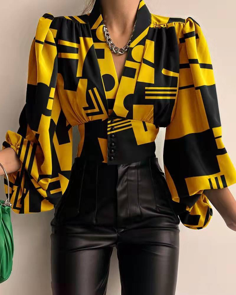 V Neck Waisted Single Breasted Lantern-sleeved Long-sleeved Shirt