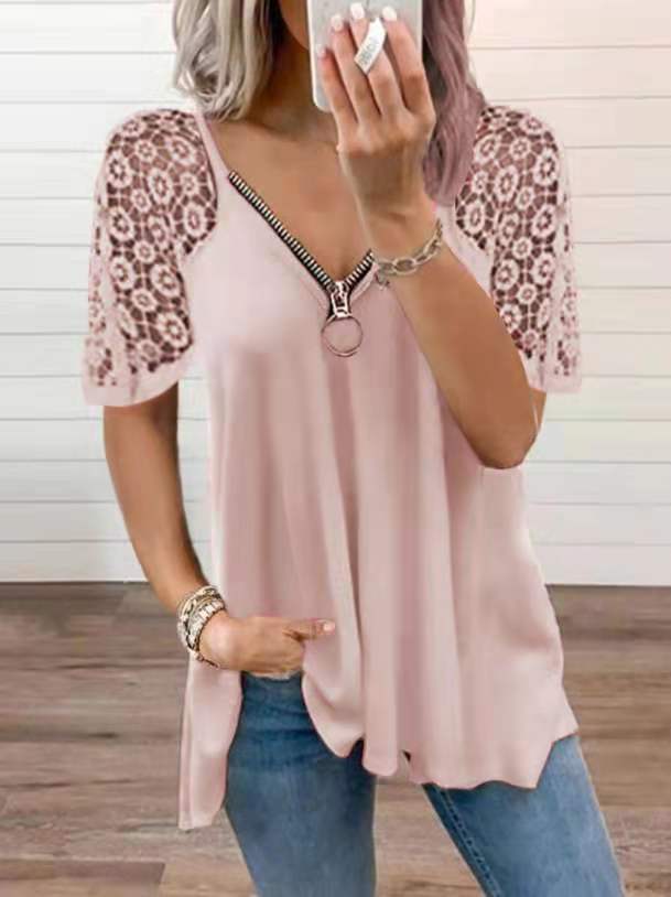 Lace Stitching Short-sleeved Solid Color Loose T-shirt