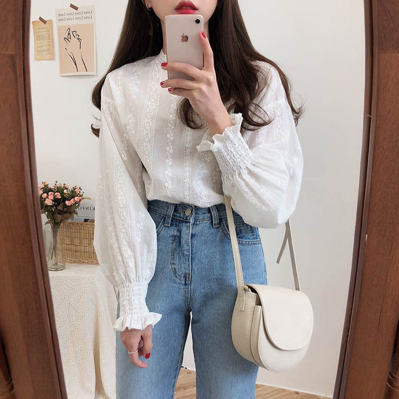 Embroidered lace long sleeve shirt