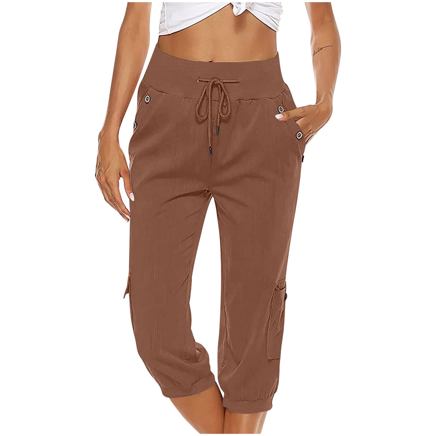 European And American Ladies Solid Color Drawstring Loose Leisure Workwear Wide Leg Straight Cropped Pants