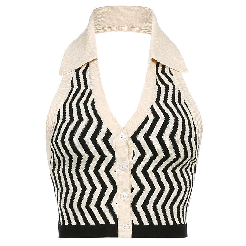 Sexy Fashion Strapless Lapels Halter Vest Wavy Striped Halter Vest