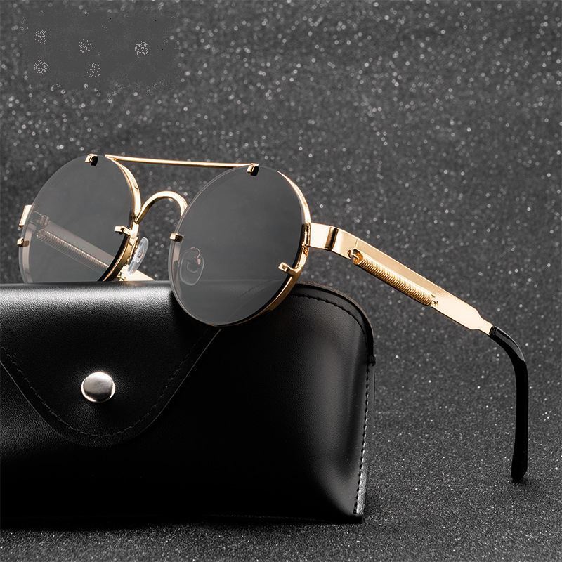 Punk Retro Round Frame Sunglasses With Spring Temples