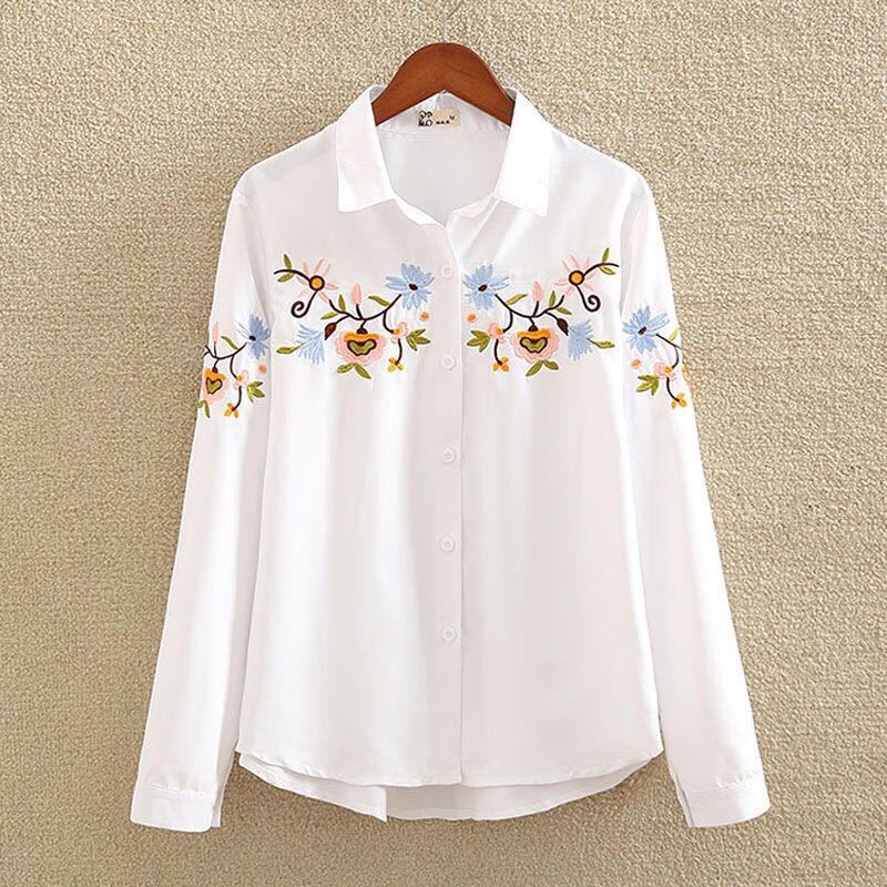 Embroidered Shirt Women's Long-Sleeved Bottoming Shirt Loose Plus Size Women's Spring And Autumn 200 Kg White Shirt Women
