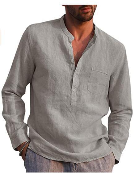 Men's Long Sleeved V Neck Casual Beach Linen Shirt For Men