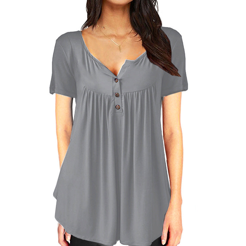 Solid Color Pleated Button Loose Short Sleeved T Shirt Women's Top