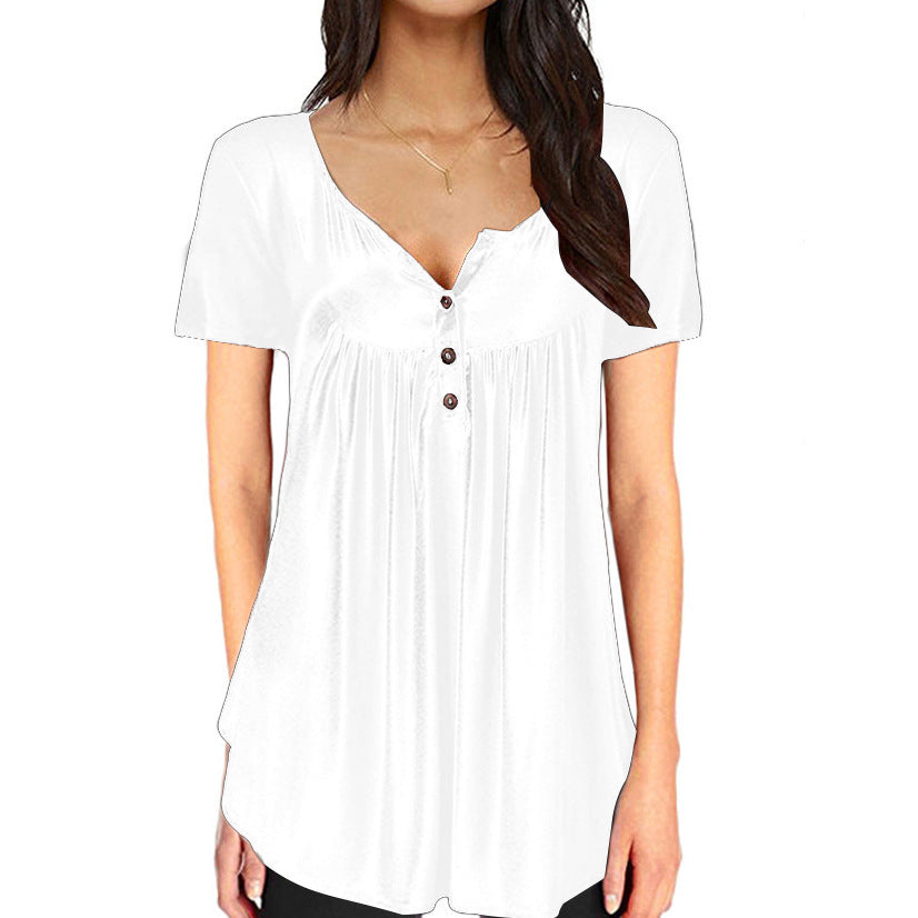 Solid Color Pleated Button Loose Short Sleeved T Shirt Women's Top