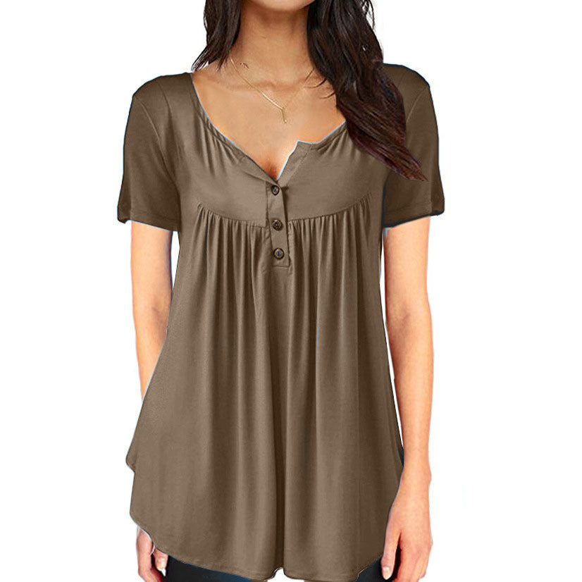 Solid Color Pleated Button Loose Short Sleeved T Shirt Women's Top