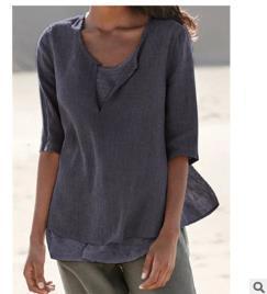 Spring And Summer New Solid Color Cotton And Linen V Neck Blouse