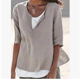 Spring And Summer New Solid Color Cotton And Linen V Neck Blouse