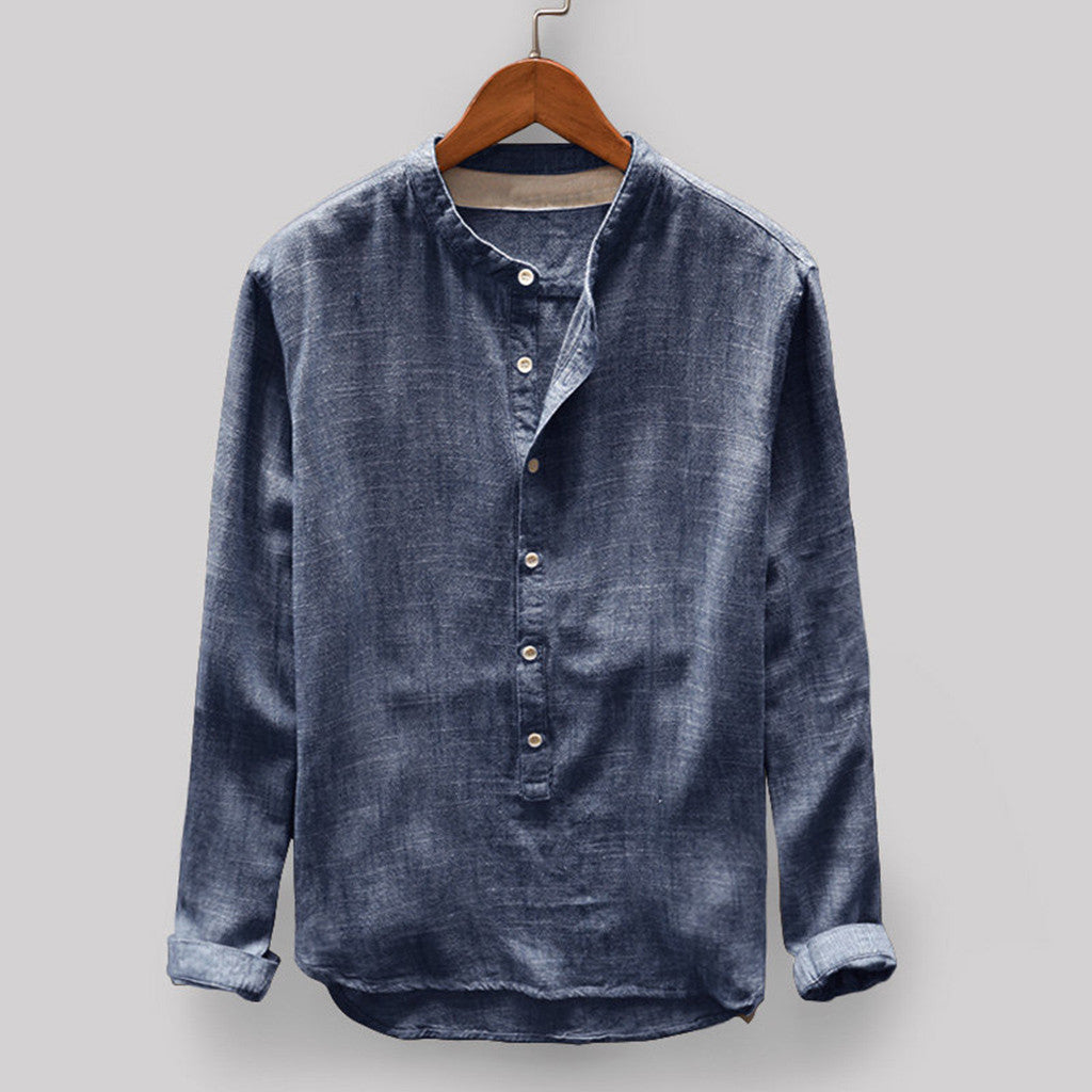 Solid Color Cotton And Linen Men's Long Sleeved Shirt