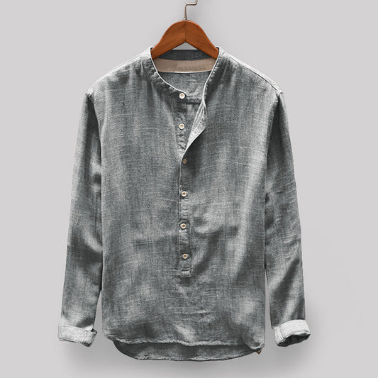 Solid Color Cotton And Linen Men's Long Sleeved Shirt