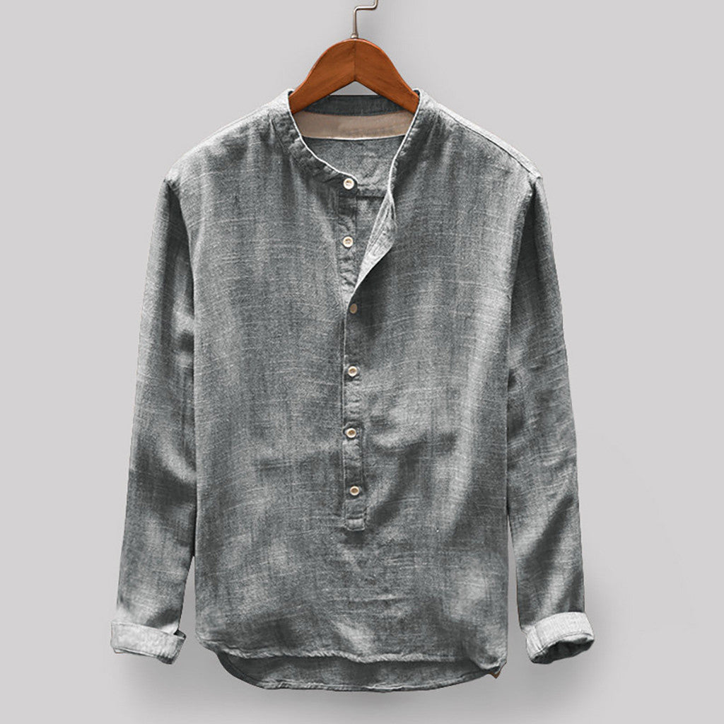 Solid Color Cotton And Linen Men's Long Sleeved Shirt