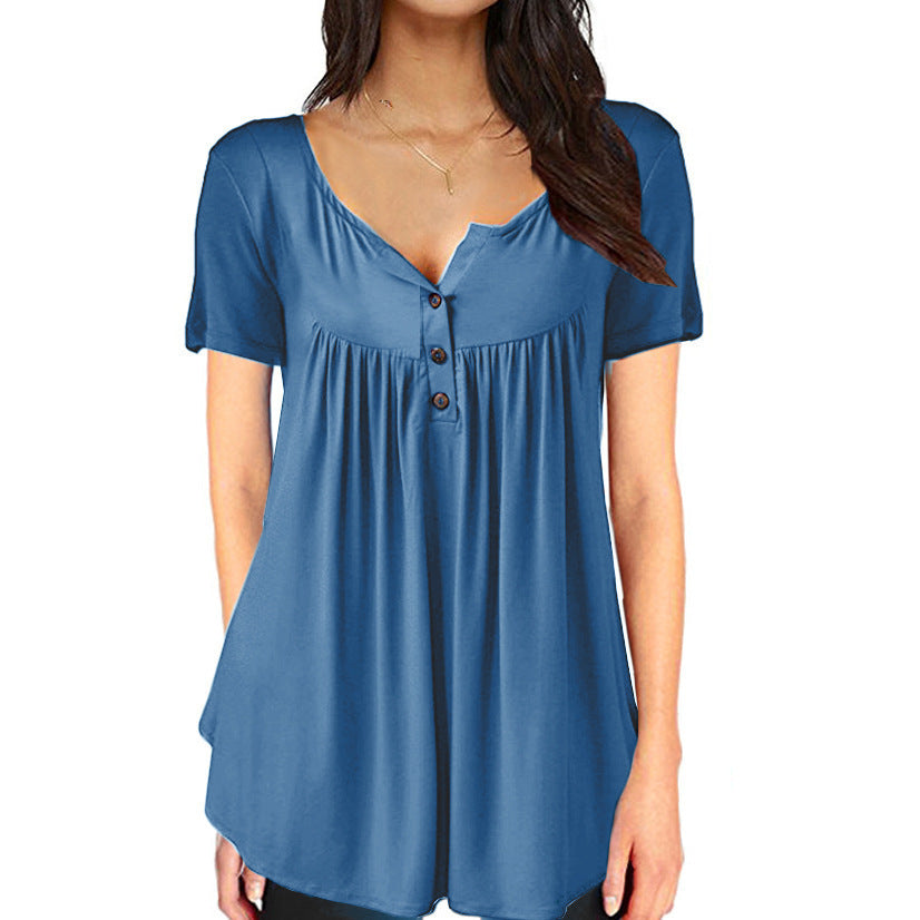 Solid Color Pleated Button Loose Short Sleeved T Shirt Women's Top