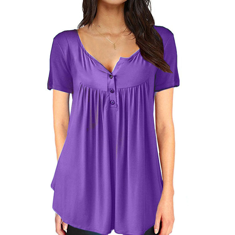 Solid Color Pleated Button Loose Short Sleeved T Shirt Women's Top