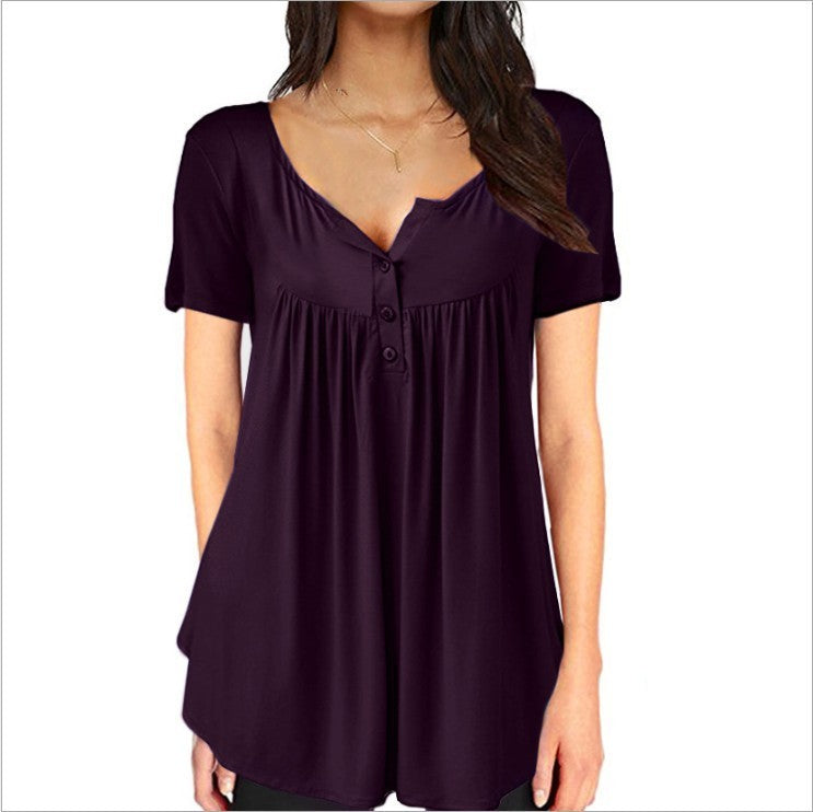 Solid Color Pleated Button Loose Short Sleeved T Shirt Women's Top