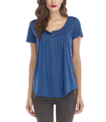 Solid Color Pleated Button Loose Short Sleeved T Shirt Women's Top