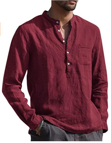 Men's Long Sleeved V Neck Casual Beach Linen Shirt For Men
