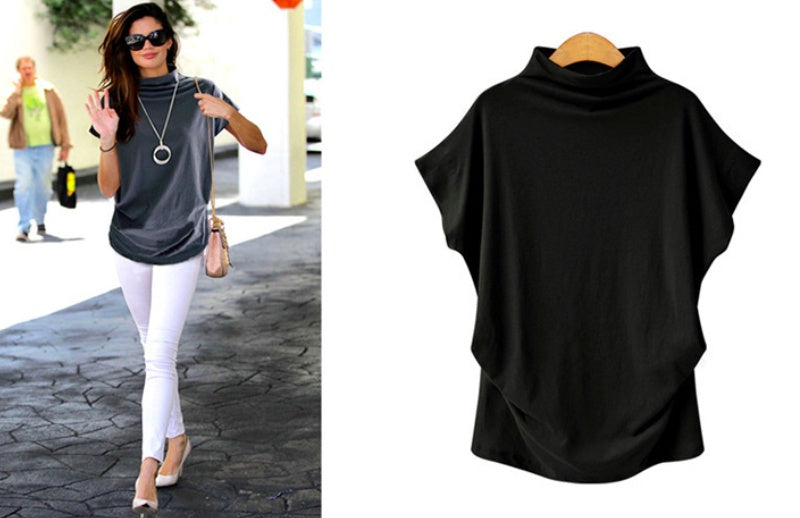 Cross border wish Amazon hot women's loose high neck bottoming shirt printed on cotton