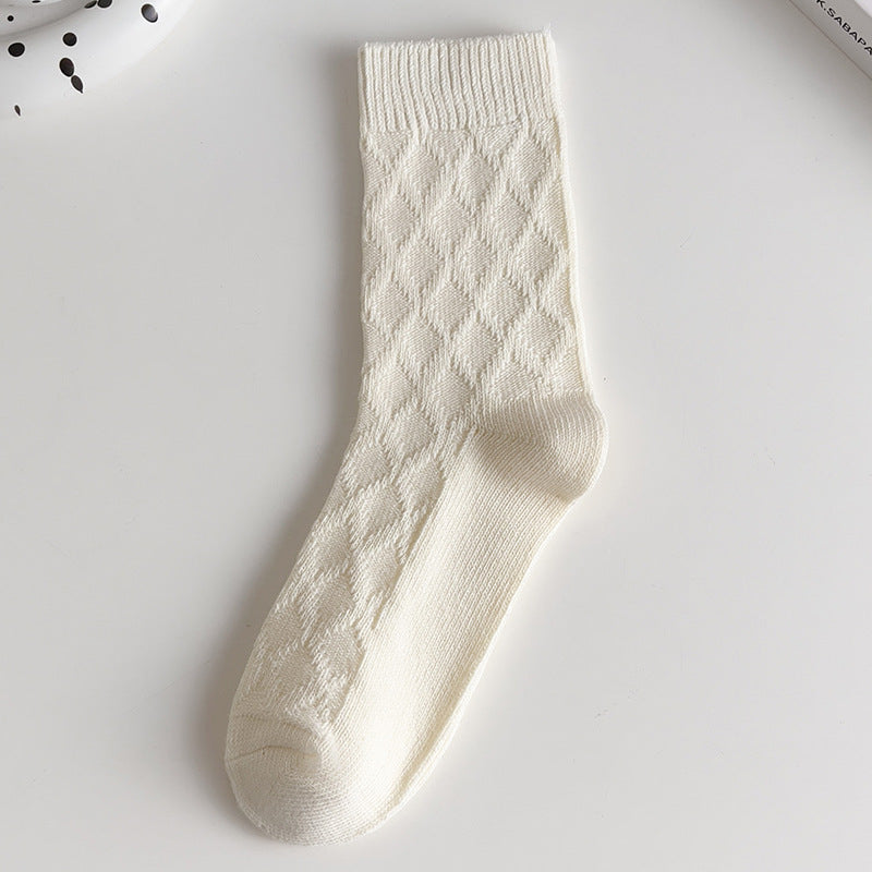 White Socks Women's Mid Tube Stockings Thick Thread Diamond Lattice Autumn And Winter