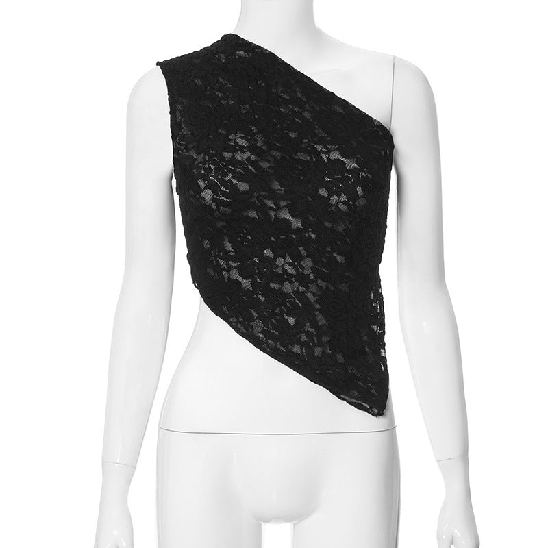 Lace Diagonal Collar Cardigan Loose Stitched Backless Solid Color Top