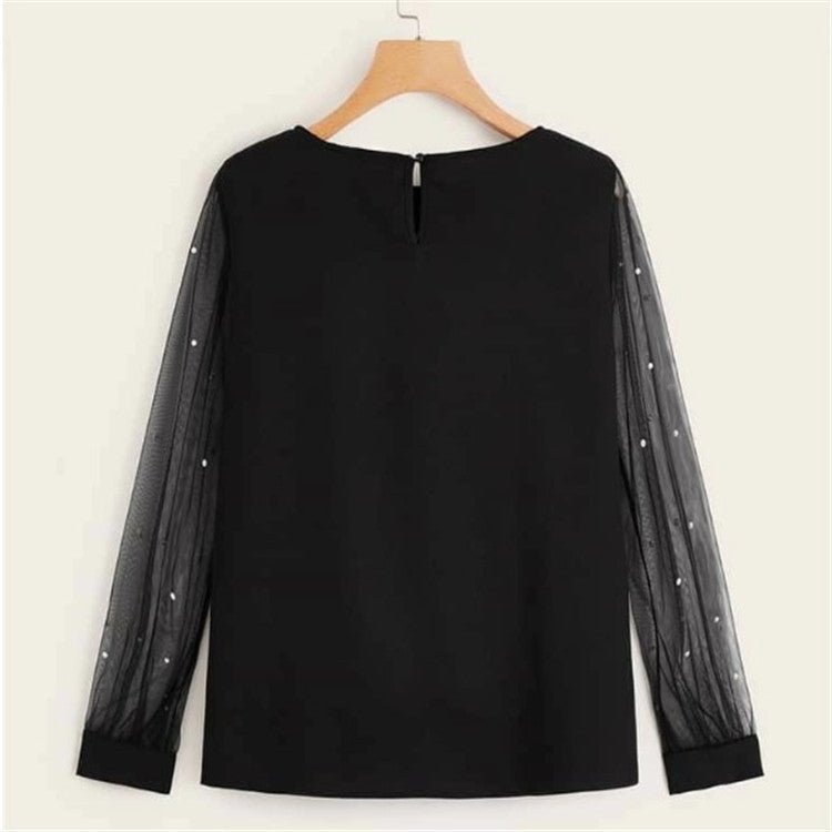Women's Long Sleeve Beaded Mesh Patchwork Top Shirt