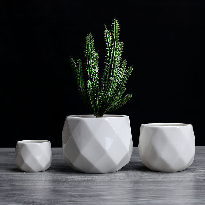 Flower Garden Polyhedron White Ceramic Flower Pot