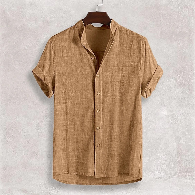 Men's Stand Collar Cotton Cardigan Short Sleeve Thin