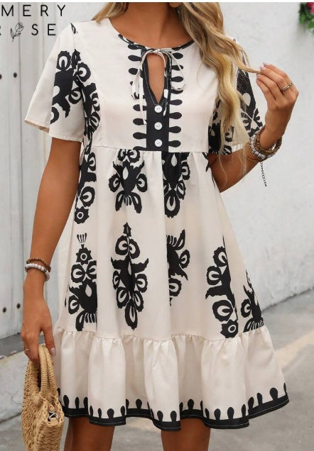 Unity Tied Leisure Vacation Dress With Doll Floral Pattern