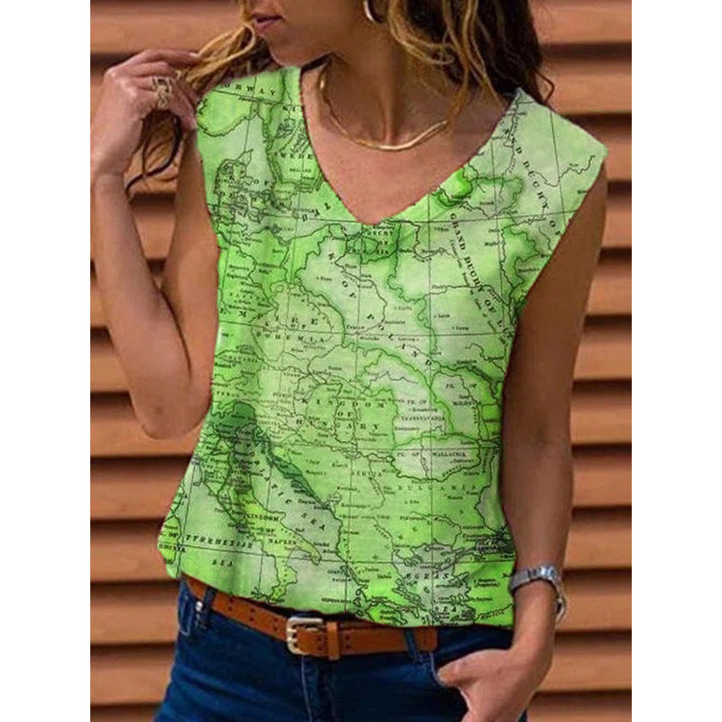 Women's Vest Map Print T-shirt Top