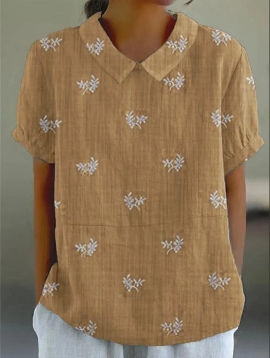 Women's Floral Stitching National Style Printing Lapel Short Sleeve