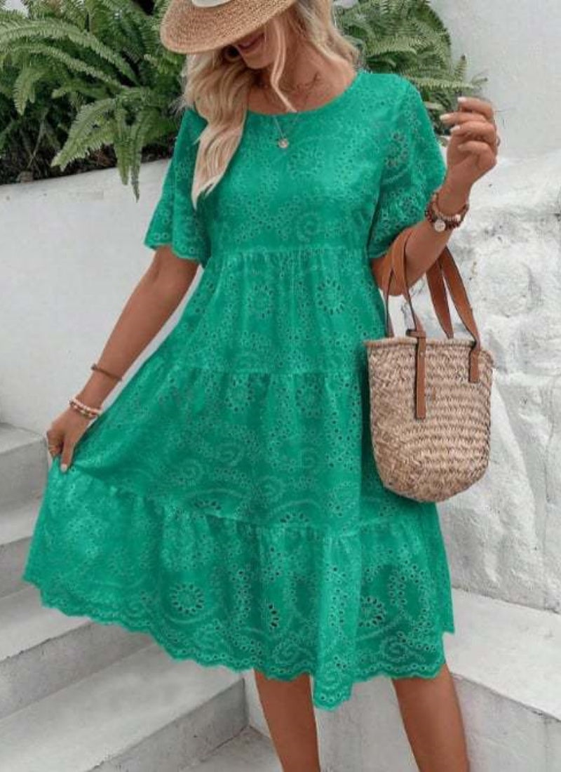 Casual Women's Embroidered Hollow Short Sleeve Round Neck Ruffle Sleeve Waist Dress