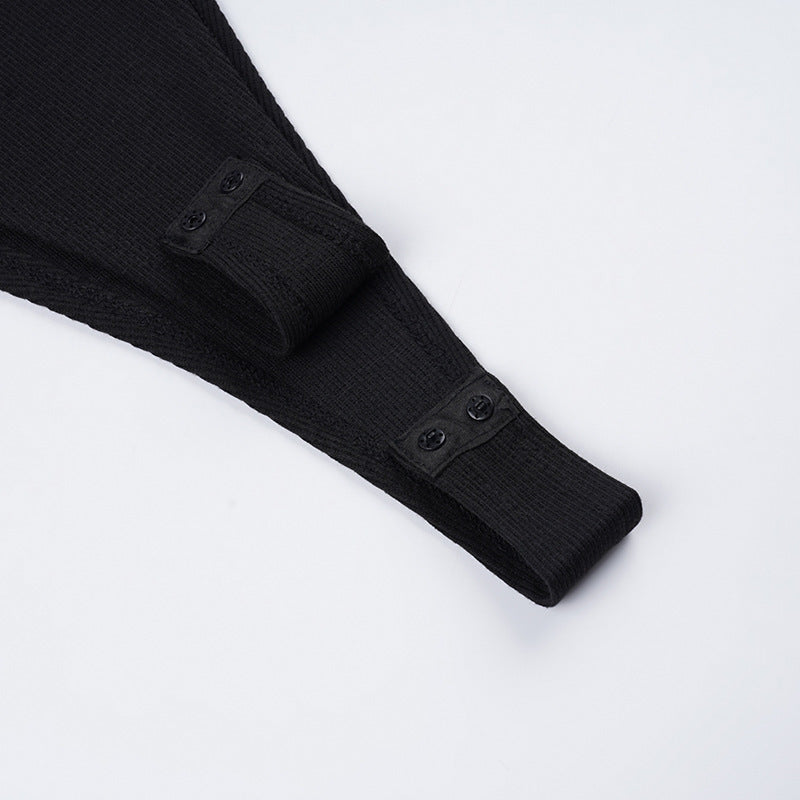 Metal Schoolbag Buckle Design High Neck Long Sleeve Jumpsuit