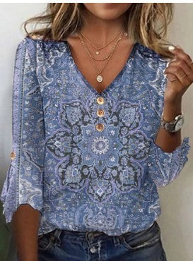 Women's Fall V-neck Bell Sleeve Printed T-shirt Top