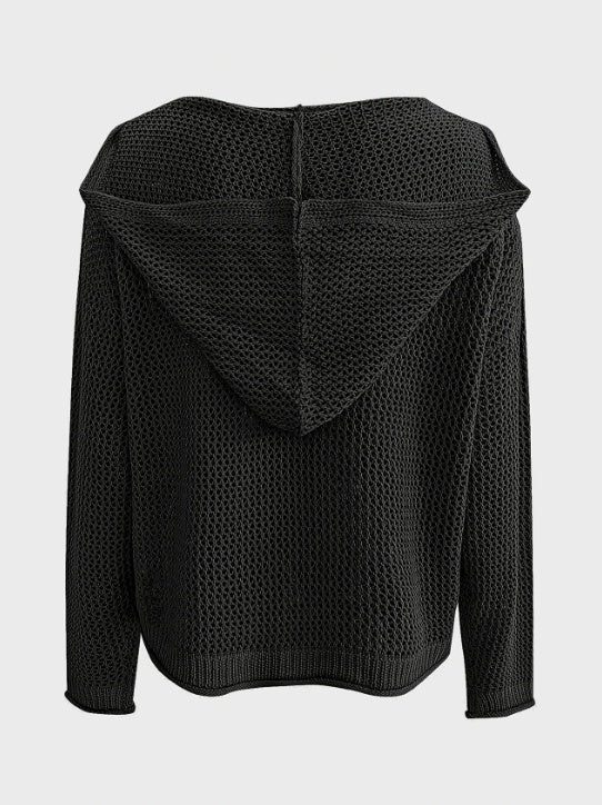 Lightweight Loose-Fitting Knitted Hoodie With Lace Details For Sun Protection.