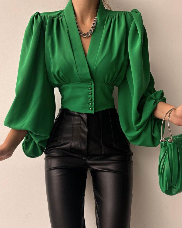V Neck Waisted Single Breasted Lantern-sleeved Long-sleeved Shirt