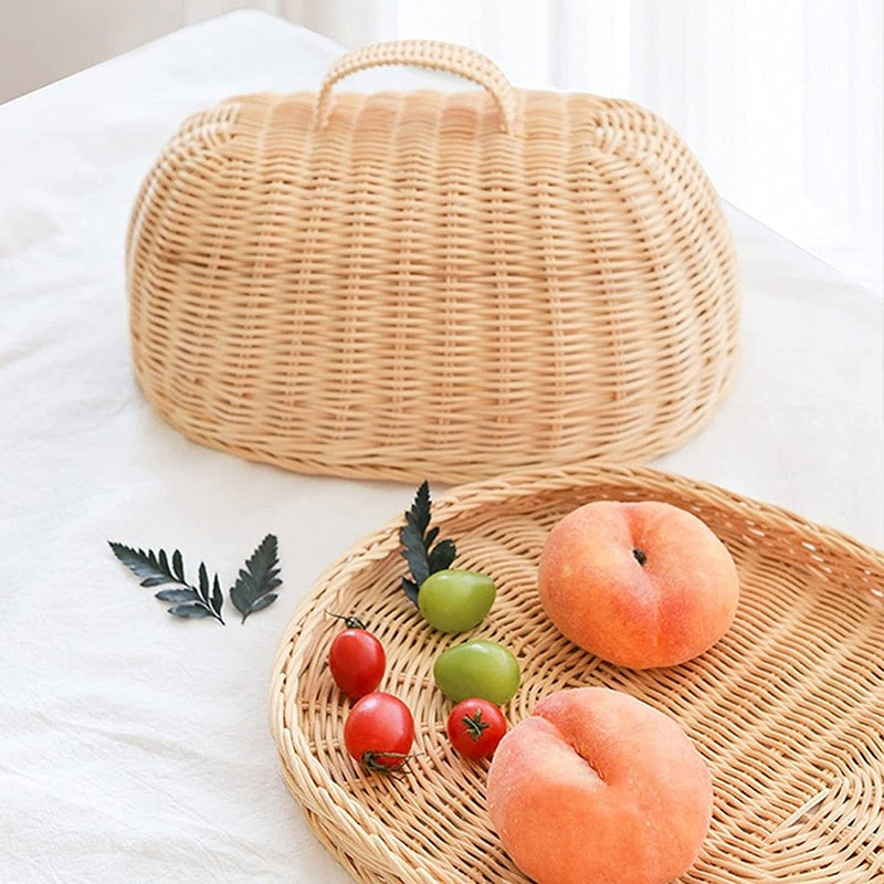Tray With Lid Food Cover Dustproof Storage Rattan Basket