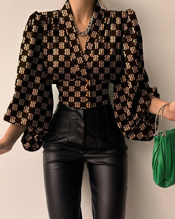 V Neck Waisted Single Breasted Lantern-sleeved Long-sleeved Shirt
