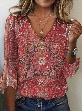 Women's Fall V-neck Bell Sleeve Printed T-shirt Top