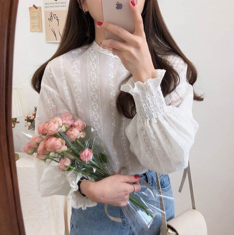 Embroidered lace long sleeve shirt