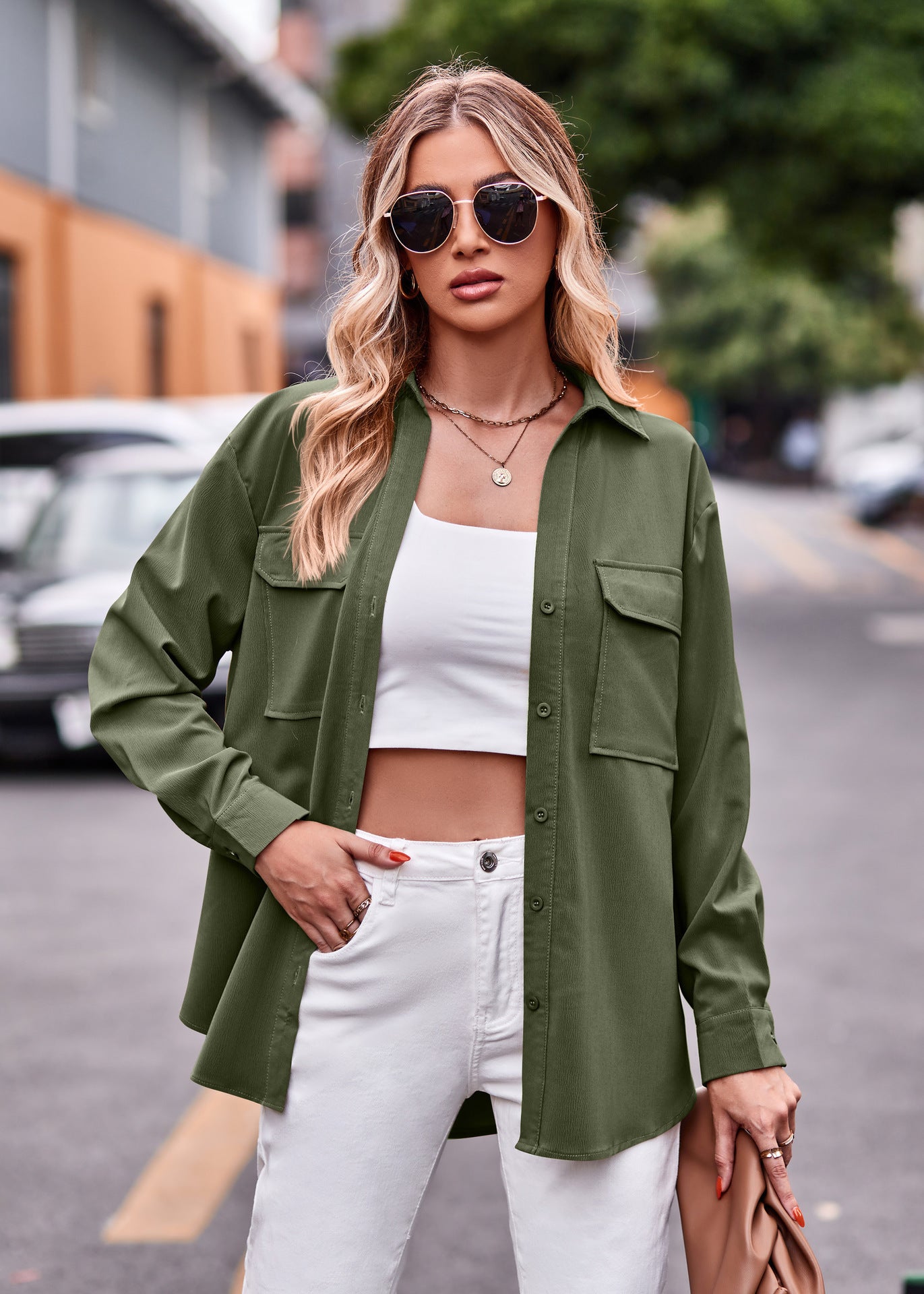 Polo Collar Solid Color Long Sleeve Coat Shirt