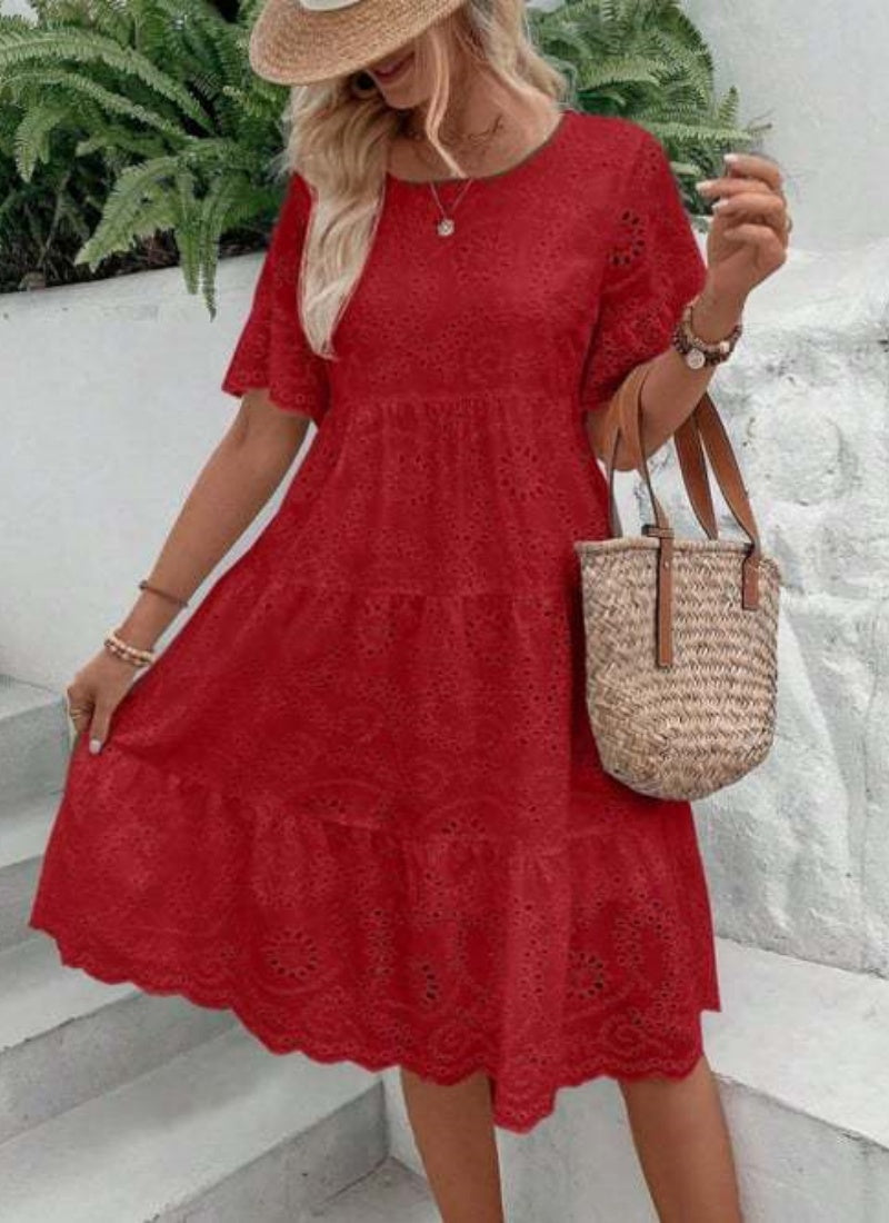 Casual Women's Embroidered Hollow Short Sleeve Round Neck Ruffle Sleeve Waist Dress