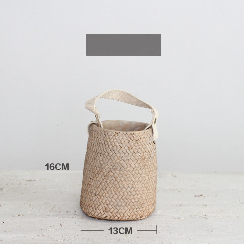 Imitation straw woven cement flower pot